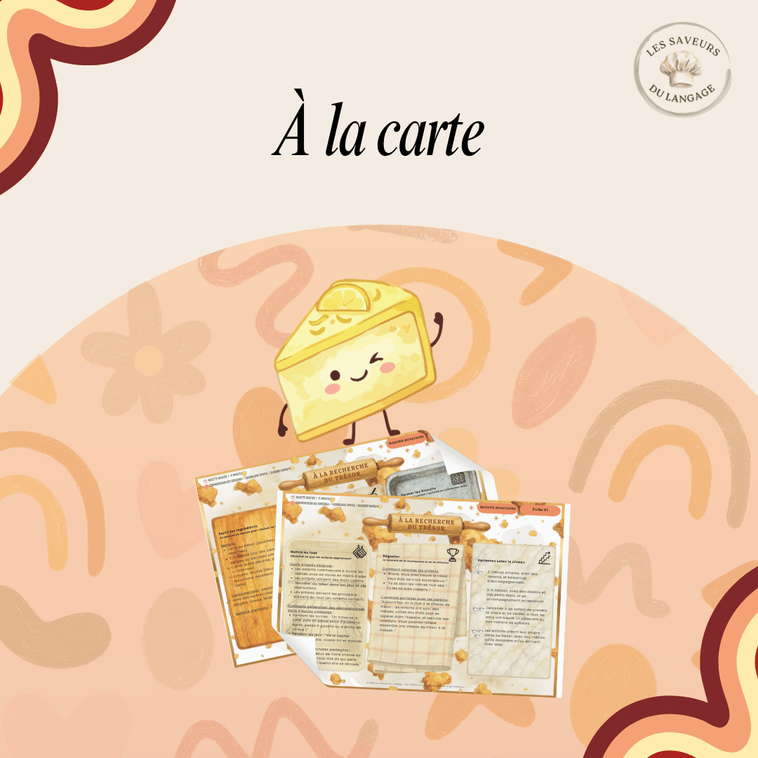 Illustration de l'abonnement à la carte Les Saveurs du Langage, présentant une sélection de fiches bonus thématiques et saisonniÚres (Noël, sons, rimes) pour enrichir les activités de stimulation du langage en garderie.