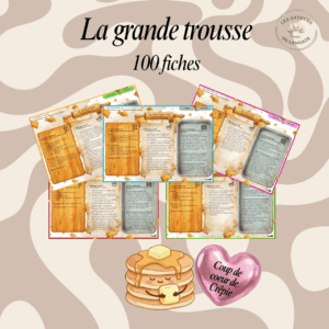 Une vue d'ensemble des 100 fiches PDF de la trousse complète, présentant des activités ludiques de stimulation du langage organisées par âge et par moment de la journée.