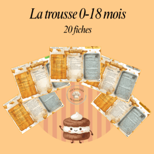 Présentation de la trousse pédagogique 0-18 mois Les Saveurs du Langage, montrant 20 fiches d'activités adaptées au développement spécifique des enfants, avec des jeux pour le vocabulaire et la phonologie.