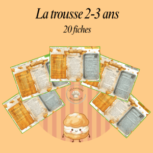 Présentation de la trousse pédagogique 2-3 ans Les Saveurs du Langage, montrant 20 fiches d'activités adaptées au développement spécifique des enfants, avec des jeux pour le vocabulaire et la phonologie.