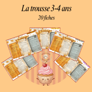 Présentation de la trousse pédagogique 3-4 ans Les Saveurs du Langage, montrant 20 fiches d'activités adaptées au développement spécifique des enfants, avec des jeux pour le vocabulaire et la phonologie.