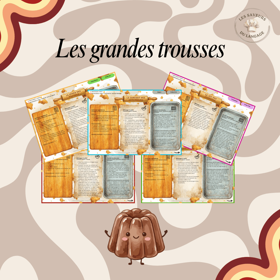 Une vue d'ensemble des 100 fiches PDF de la trousse complÚte, présentant des activités ludiques de stimulation du langage organisées par ùge et par moment de la journée.
